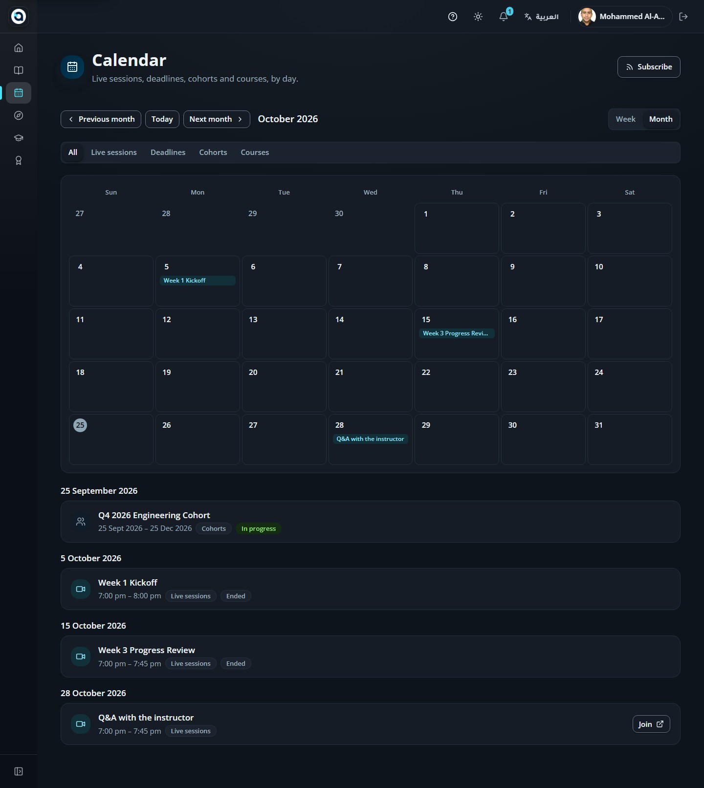 The monthly calendar