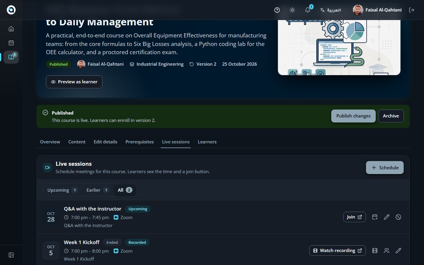 Course Live sessions tab — schedule and manage Zoom sessions and cloud recordings for this course.