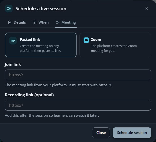 Schedule a live session — set bilingual titles, provider, schedule, duration, and recording link.