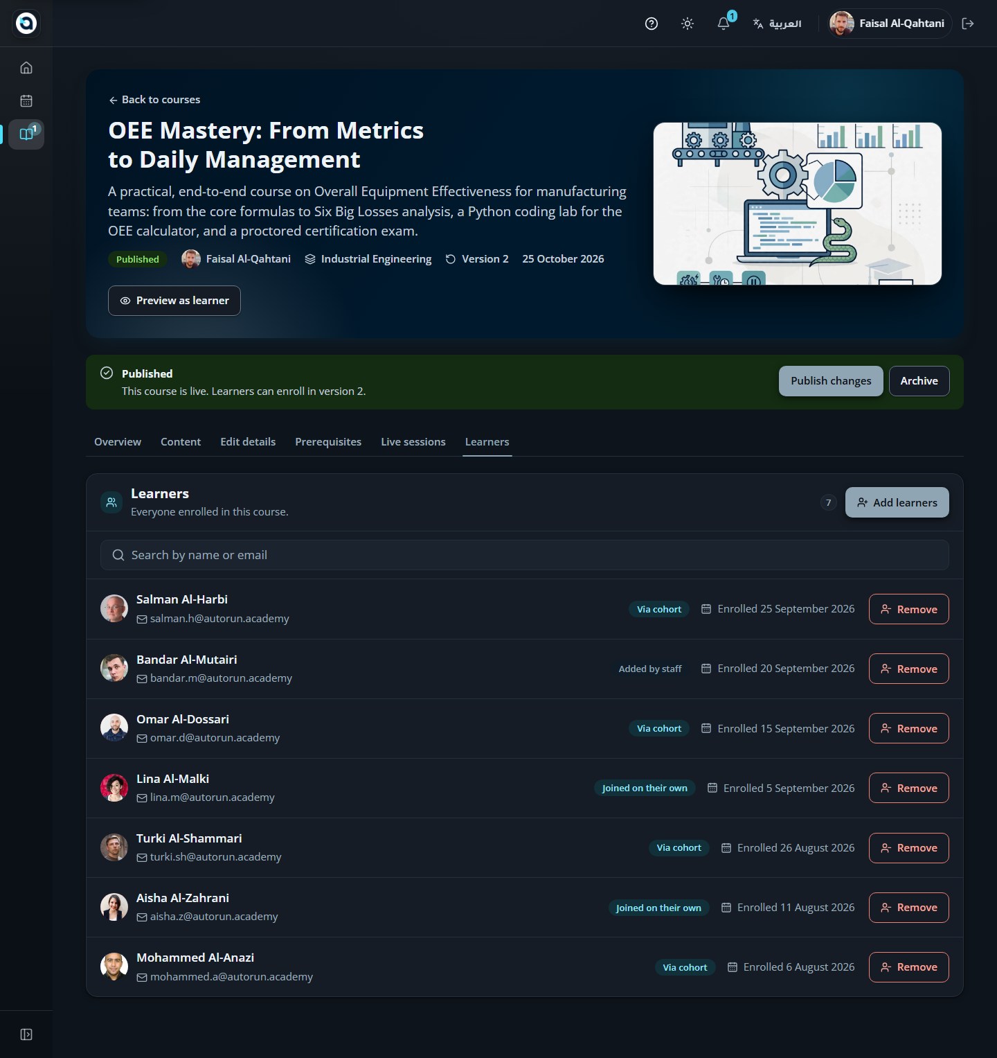 Course Learners tab — monitor enrolled learners and their completion progress.