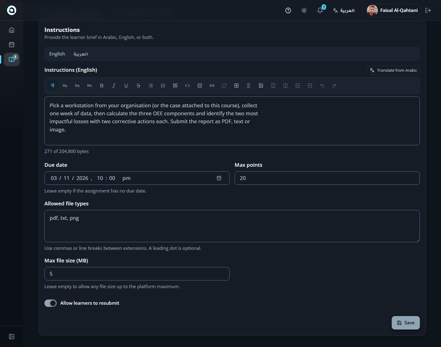 The assignment editor