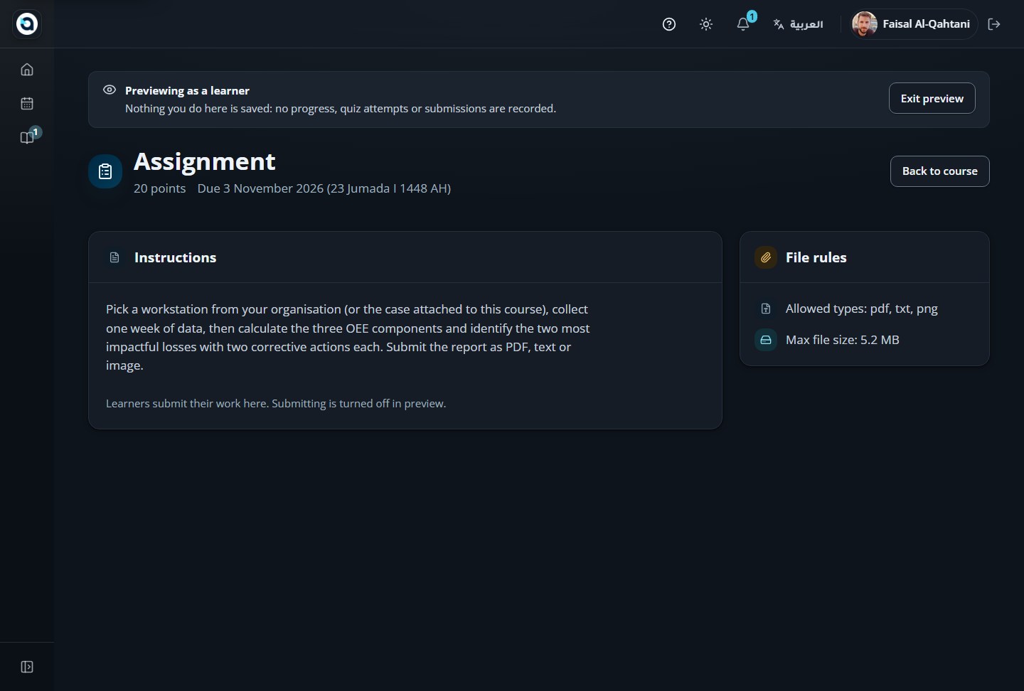 Assignment preview — verify instructions and submission controls before publishing.