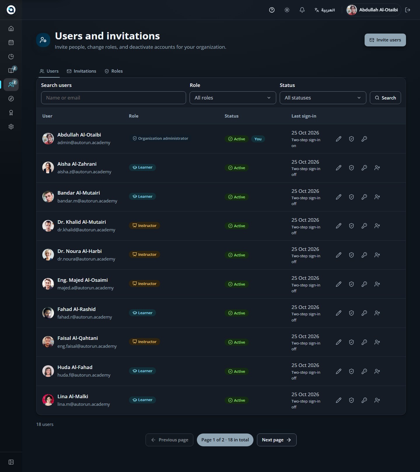 The users tab