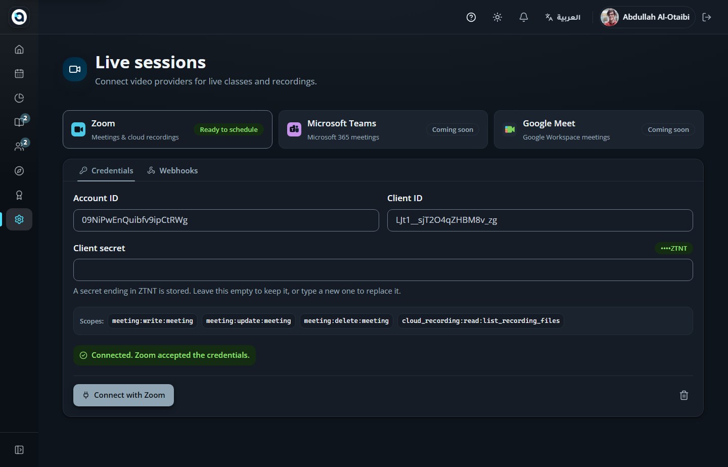 Live sessions providers — Zoom connected with Microsoft Teams and Google Meet cards