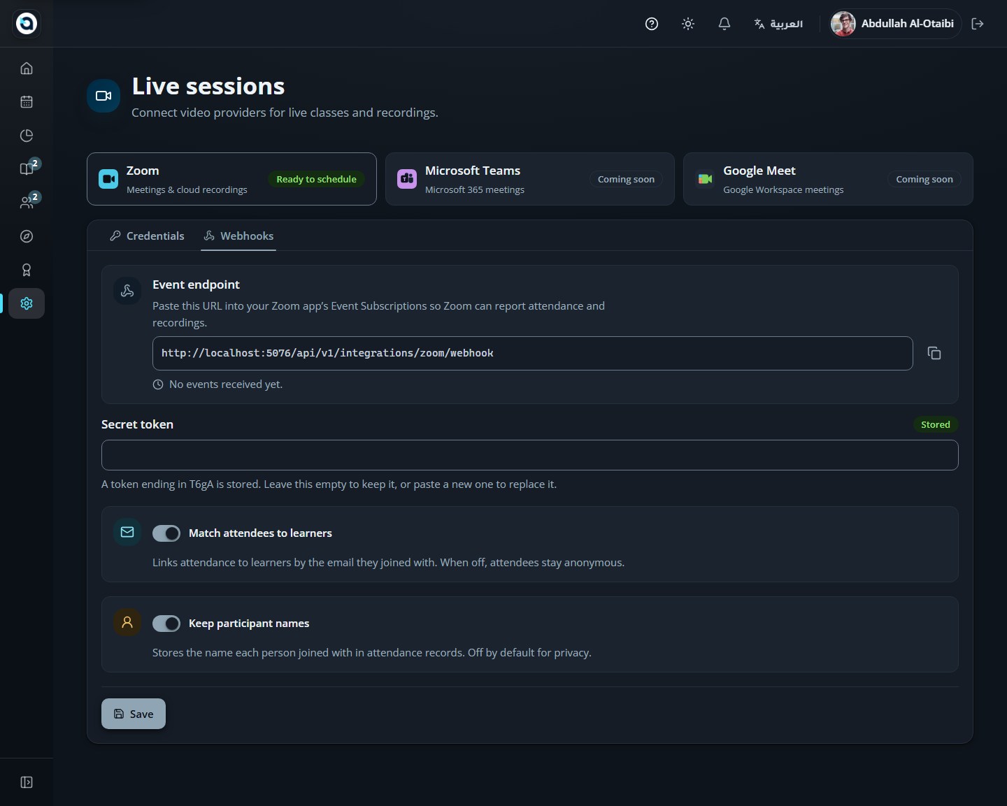 Zoom Events tab — inspect live meeting and attendance webhook events received from Zoom.