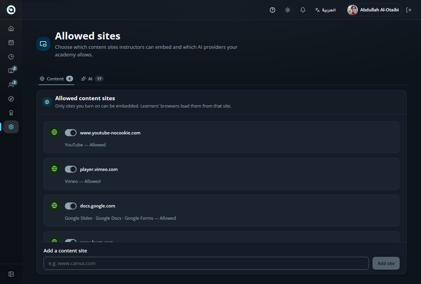 Allowed embed sites