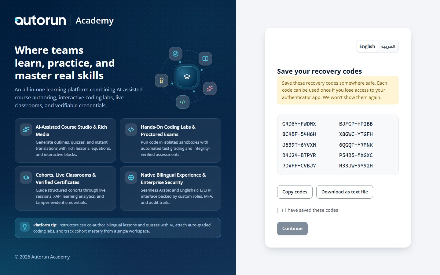 Saving the recovery codes
