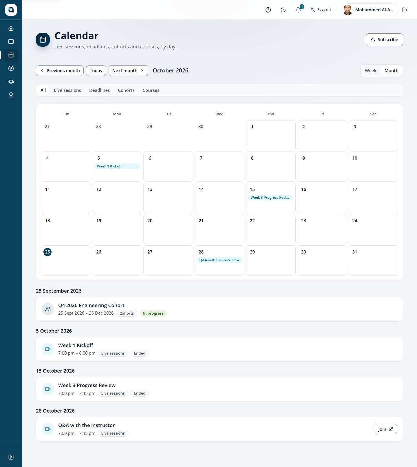 The monthly calendar