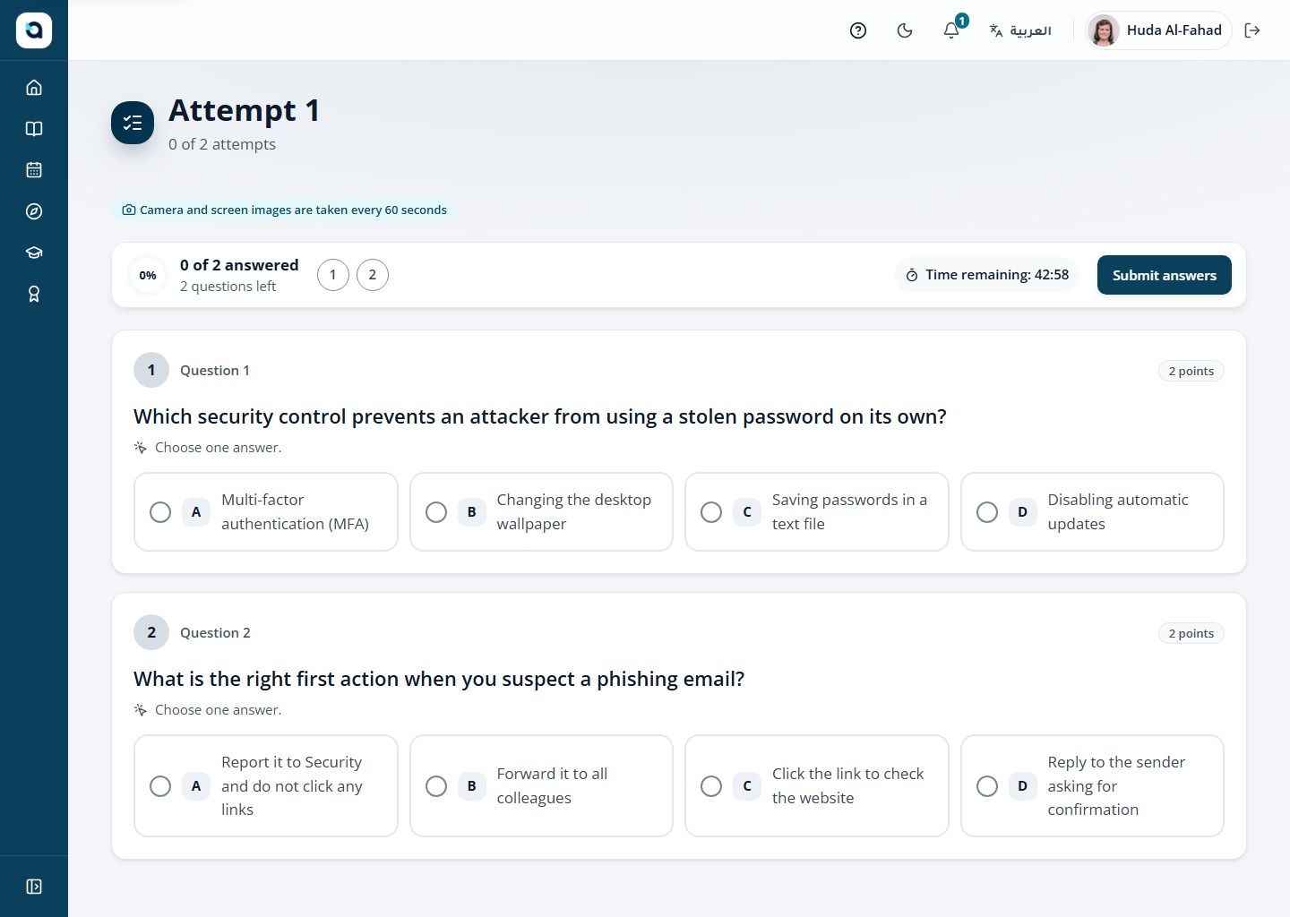 Active proctored exam attempt — live recording badge, timer, and question navigation.