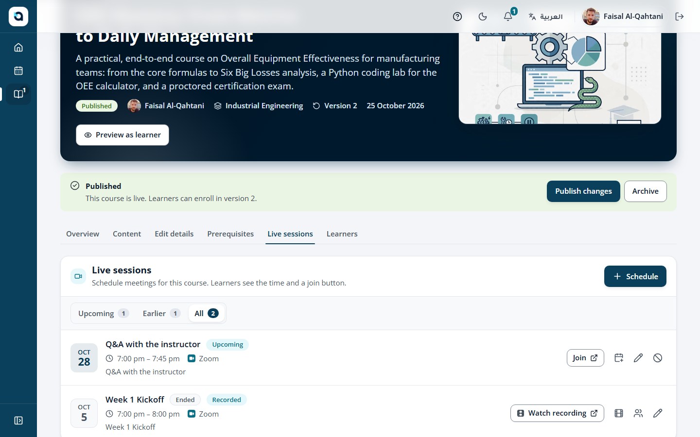 Course Live sessions tab — schedule and manage Zoom sessions and cloud recordings for this course.