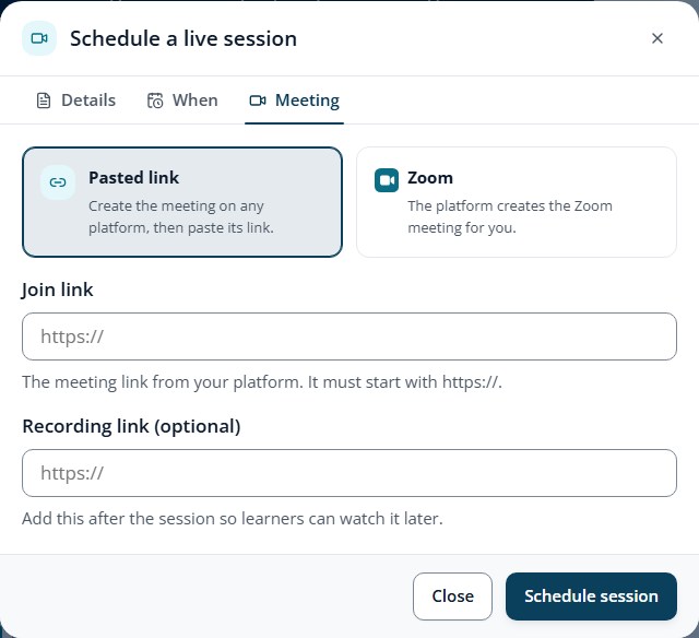 Schedule a live session — set bilingual titles, provider, schedule, duration, and recording link.