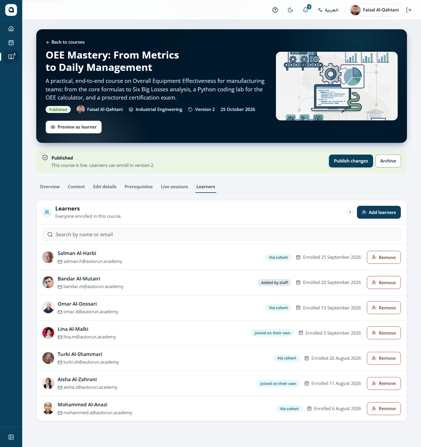Course Learners tab — monitor enrolled learners and their completion progress.