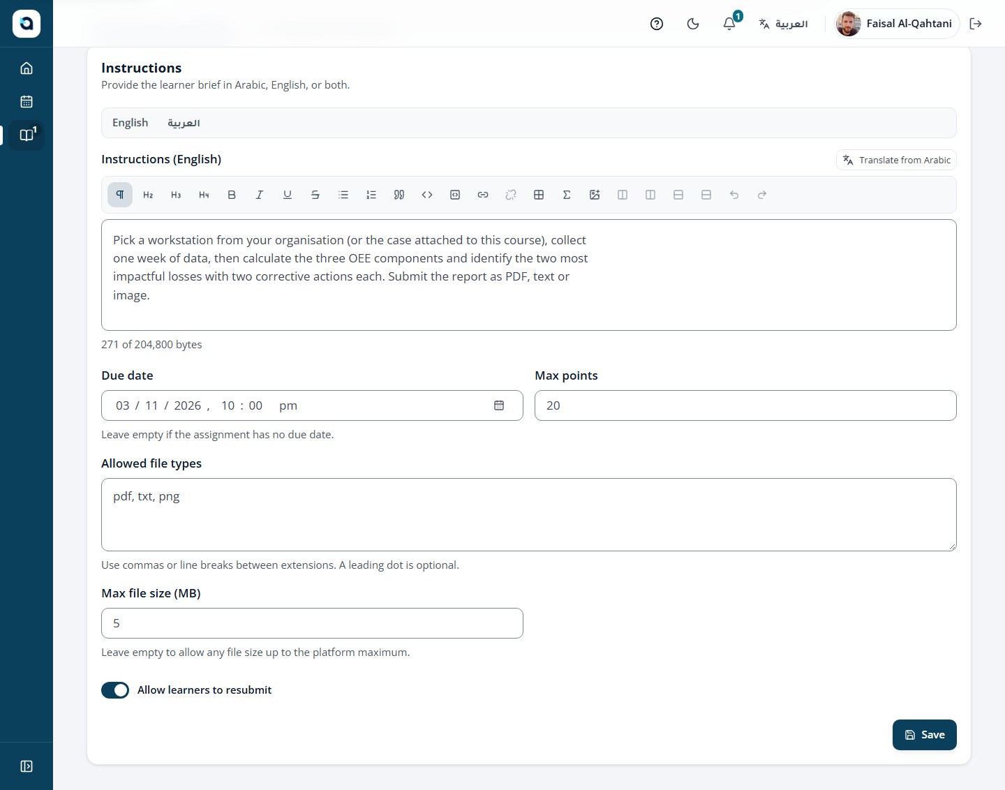 The assignment editor