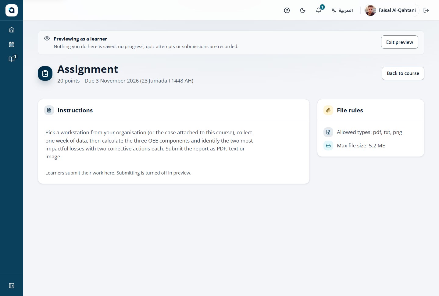 Assignment preview — verify instructions and submission controls before publishing.