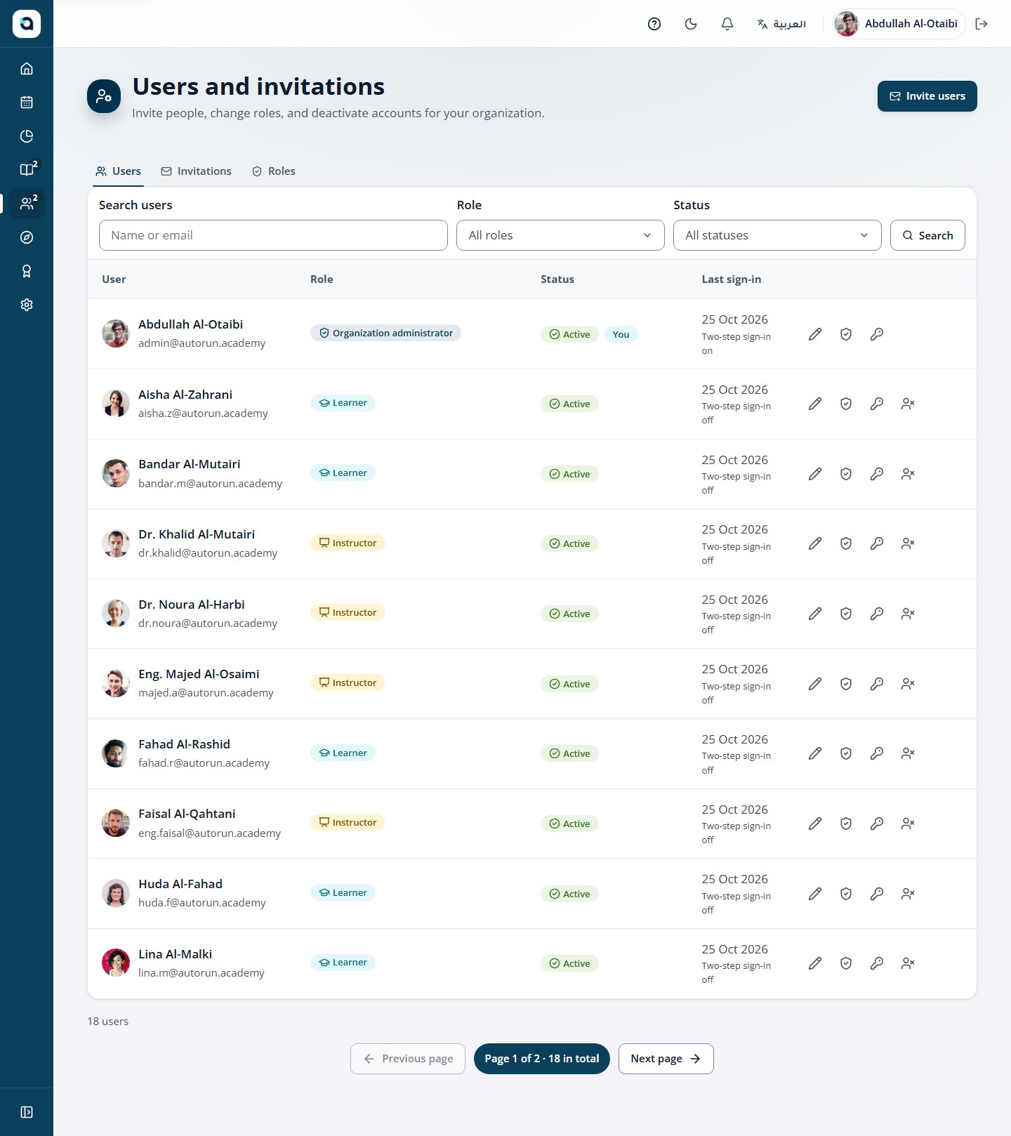 The users tab