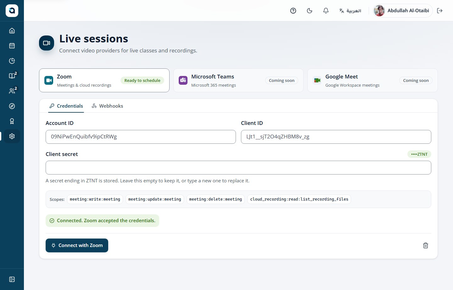 Live sessions providers — Zoom connected with Microsoft Teams and Google Meet cards