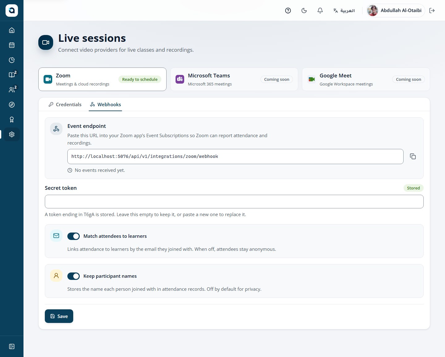 Zoom Events tab — inspect live meeting and attendance webhook events received from Zoom.