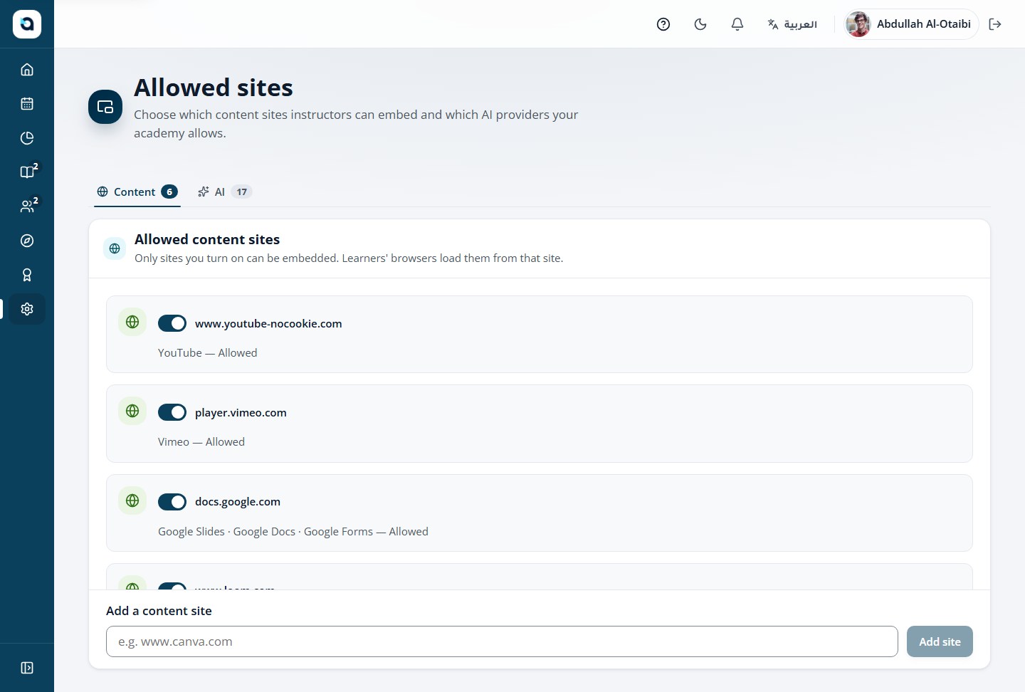Allowed embed sites